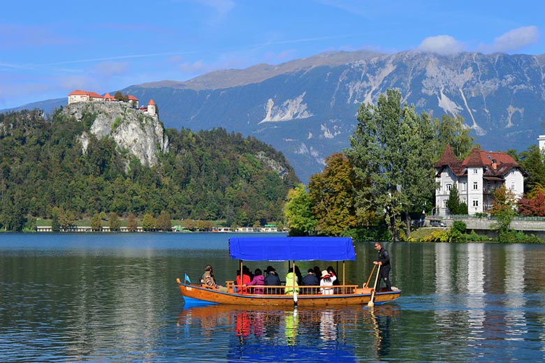 Cruising on Lake Bled in a traditional pletna boat